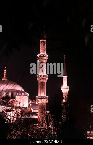 Une vue nocturne de la Mosquée bleue Sultanahmet Camii minarets brillamment éclairés par de nombreuses lumières, créant un affichage visuel saisissant contre le ciel sombre Banque D'Images