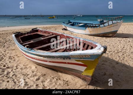 Bateaux de pêche colorés sur la plage de Praia de Santa Maria, Santa Maria, Sal, Iles du Cap Vert, Atlantique, Afrique Copyright : AlanxNovelli 1353-643 Banque D'Images