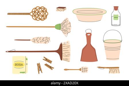 Kit de produits de nettoyage écologiques. Balais à franges et brosses. Nettoyants écologiques naturels biologiques. Des trucs ménagers verts. Illustration vectorielle plate Illustration de Vecteur