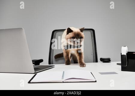 Un chat élégant orné d'un noeud papillon marchant en toute confiance sur un bureau dans un cadre de studio. Banque D'Images