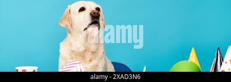 Un chien à fourrure est assis devant un gâteau d'anniversaire coloré, prêt à célébrer une occasion spéciale avec joie et excitation. Banque D'Images