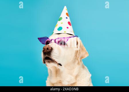 Un chien à l'air festif dans un chapeau de fête et des lunettes de soleil. Banque D'Images