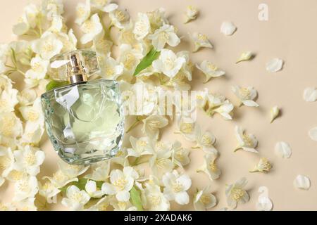 Bouteille de parfum aromatique parmi les fleurs de jasmin sur fond beige, pose plate Banque D'Images