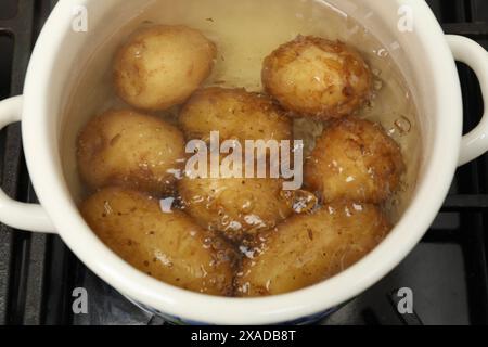 Faire bouillir les jeunes pommes de terre dans la casserole sur la cuisinière Banque D'Images