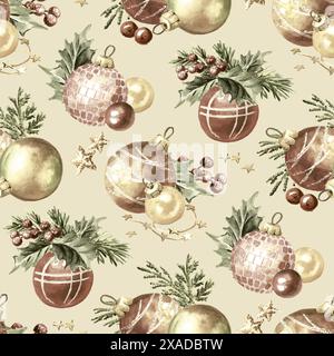 Motif sans couture festif de Noël, illustration d'aquarelle dessinée à la main Banque D'Images