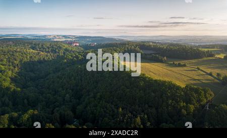 Wałbrzych, pologne - 6 juin 2024 : une grande photographie aérienne montrant le château de Ksiaz niché dans une forêt luxuriante. Le château de Ksiaz est un château de Walbrzych Banque D'Images