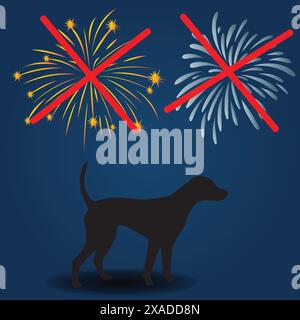 Signe d'interdiction de croix rouge sur les feux d'artifice avec la silhouette d'un chien Illustration de Vecteur