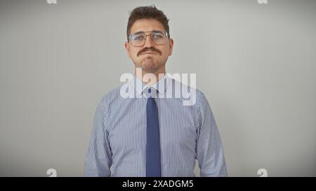 Portrait d'un jeune homme hispanique confiant avec des lunettes, une moustache et une chemise rayée sur fond blanc. Banque D'Images