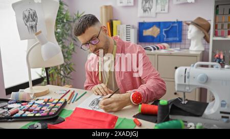 Un jeune homme hispanique avec une barbe esquisse dans un tailleur coloré rempli de matériaux de couture. Banque D'Images