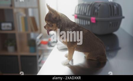 Un chien chihuahua avec sa langue dehors est assis sur un comptoir à la maison, avec un porte-animaux en arrière-plan, mettant l'accent sur un cadre de visite vétérinaire. Banque D'Images