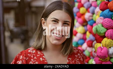 Joyeuse femme hispanique, rayonnante de beauté naturelle, se tient en toute confiance posant à yasaka koshindo, souriant insouciante au milieu de la tradition colorée, son expr Banque D'Images