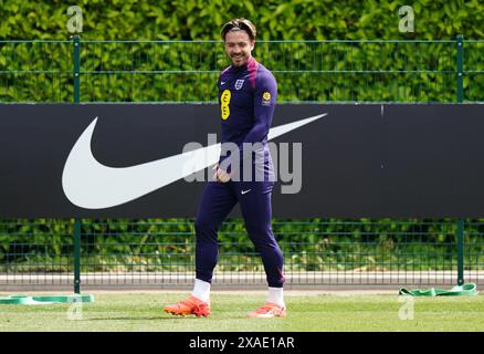 Jack Grealish anglais lors d'une séance d'entraînement à Tottenham Hotspur Training session, Londres. Date de la photo : jeudi 6 juin 2024. Banque D'Images