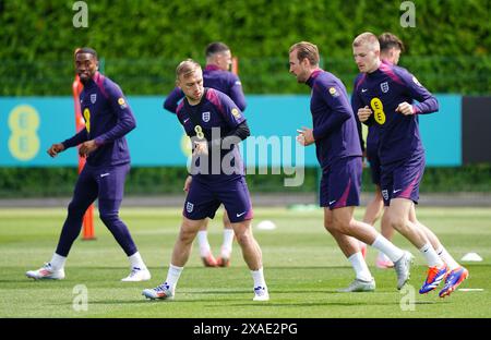 Les Anglais Jarrod Bowen, Harry Kane et Adam Wharton lors d'une session d'entraînement à Tottenham Hotspur Training session, Londres. Date de la photo : jeudi 6 juin 2024. Banque D'Images