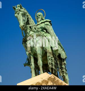 Gros plan de la Statue de Étienne, Bastion des pêcheurs, Budapest, Hongrie Banque D'Images