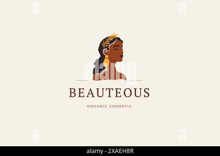 Belle femme africaine élégant bijoux portrait boho logo design template illustration plate vectorielle. Afro femelle peau foncée branche d'arbre doré et earr Illustration de Vecteur