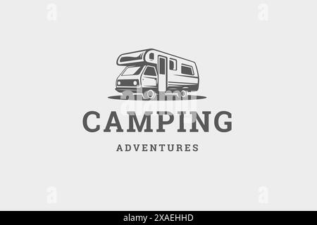 Camping van expédition wanderlust été Road trip voyage aventure rétro logo design template illustration vectorielle isométrique. Autocar camping-car famille t Illustration de Vecteur