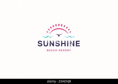Paradise Beach Resort été soleil mer océan océan île minimale modèle de conception de logo illustration vectorielle. Voyage d'été vacances mouette ensoleillée lumineuse Illustration de Vecteur