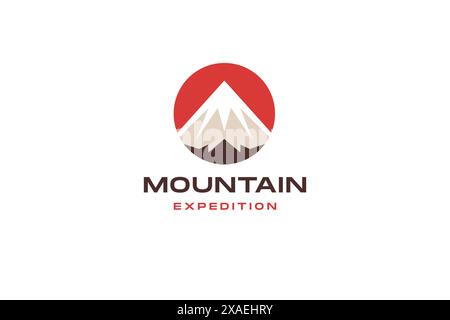 Expédition de montagne Extreme sport voyage aventure cercle rouge logo design modèle illustration vectorielle. Cliff glacier sommet neige rond emblème camping Illustration de Vecteur