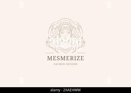 Portrait de femme de mode antique avec des feuilles ornement floral minimal Line art logo design illustration vectorielle. Ancienne déesse belle femelle Illustration de Vecteur