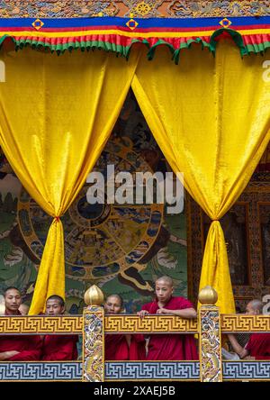 Jeunes moines à Nyenzer Lhakhang, Punakha dzongkhag, Punakha, Bhoutan Banque D'Images