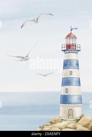 Phare aquarelle sur un rocher. Illustration de Beacon dans les couleurs bleu pastel et beige. Paysage avec Light House, mer et mouettes pour affiches de bébé, carte de voeux enfantine et invitations pour enfants. Banque D'Images