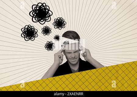Image de collage d'illustration composite de couleurs blanches noires Guy Headache mal isolé sur fond créatif Banque D'Images