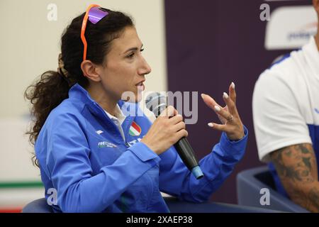 Rome, Italie. 6 juin 2024. Antonella Palmisano, italienne, intervient lors de la conférence de presse du Championnat d'Europe d'athlétisme de Rome 2024 à Rome, Italie, le 6 juin 2024. Crédit : Li Jing/Xinhua/Alamy Live News Banque D'Images