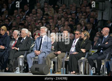 (De gauche à droite) la reine Maxima des pays-Bas, le président italien Sergio Mattarella, le président tchèque Petr Pavel, le président ukrainien Volodymyr Zelenskyavec son épouse Olena Zelenska et le président du Conseil européen Charles Michel assistent à la cérémonie internationale officielle marquant le 80e anniversaire du débarquement, à Omaha Beach à Saint-Laurent-sur-mer, en Normandie, France, rejoindre plus de 25 chefs d'état et vétérans du monde entier. Date de la photo : jeudi 6 juin 2024. Banque D'Images