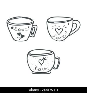 Tasse symbole amour Clip art Set. Icône Doodle, style d'esquisse dessiné à la main, ligne de trait de pinceau décoratif, éléments isolés linéaires de contour noir, rétro Illustration de Vecteur