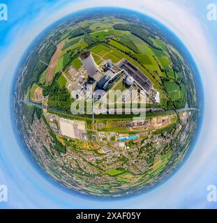 Vue aérienne, centrale électrique Datteln 4 sur le canal Dortmund-EMS, entrepôt central Aldi, globe terrestre, image fisheye, image à 360 degrés, petit monde, petit Banque D'Images