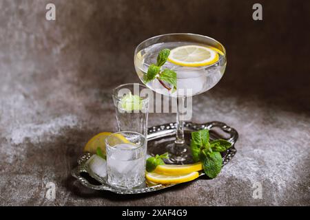 Divers verres sur plateau argenté rempli de boissons froides avec de la glace, du citron et de la menthe Banque D'Images