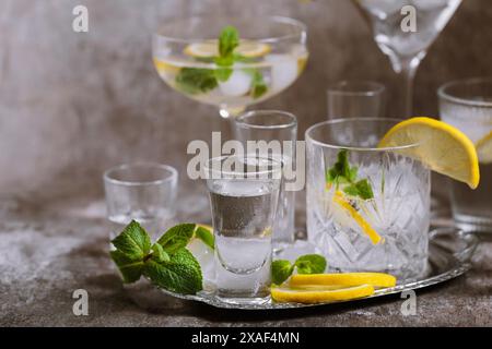 Divers verres sur plateau argenté rempli de boissons froides avec de la glace, du citron et de la menthe Banque D'Images