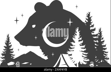 Tente de camping nature Halt expédition ours silhouette double exposition effet vintage logo design illustration vectorielle. Moun d'épicéa de la forêt de camp de nuit Illustration de Vecteur