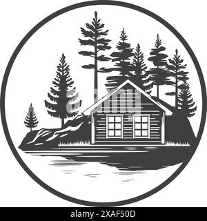 Cabane de camping cabane en bois scout maison nature vacances d'été cercle vintage logo design illustration vectorielle. Camp villa rustique chalet forêt de montagne Illustration de Vecteur