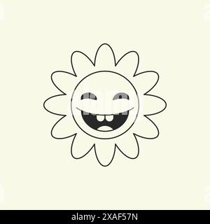 Fleur riante positive comique personnage de dessin animé tête rétro 30s animation style ligne art illustration vectorielle. Heureux camomille drôle bourgeon de plante esprit Illustration de Vecteur