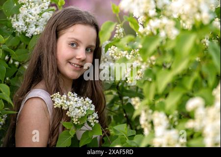 Une jeune fille se tient debout dans un buisson lilas fleuri. Arrière-plan avec mise au point sélective et espace de copie Banque D'Images