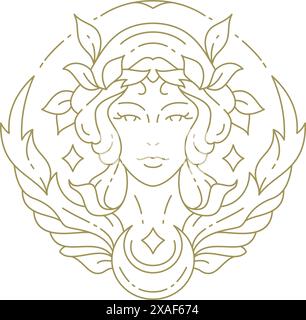 Femme magique sacrée avec des fleurs fleurs fleurs feuilles et ailes ligne minimale illustration vectorielle de logo doré. Déesse sorcière de rêve mystique avec icône de demi-lune Illustration de Vecteur