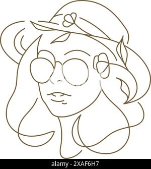 Portrait de femme élégant dans un chapeau avec des fleurs et des lunettes de soleil illustration vectorielle de logo d'art en ligne continue. Mode visage féminin coiffe tendance avec blos Illustration de Vecteur