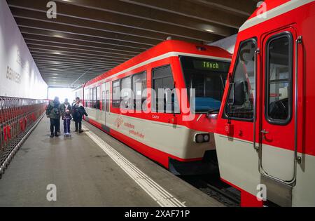 Locomotive de la navette Zermatt du Matterhorn Gotthard Bahn (MGB) de Täsch à Zermatt dans les Alpes suisses, canton du Valais, Suisse Banque D'Images