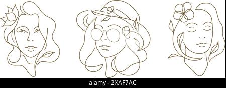 Beau portrait de femme de mode romantique avec silhouette de fleur en ligne continue logo d'art ensemble illustration vectorielle. Élégant visage féminin doux avec beaucoup Illustration de Vecteur
