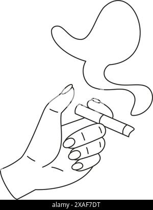 Main de femme tenant cigarette avec concept de fumée de fumer mauvaise habitude minimaliste illustration vectorielle d'icône d'art de ligne minimaliste. Bras humain avec ciga de tabac brûlant Illustration de Vecteur