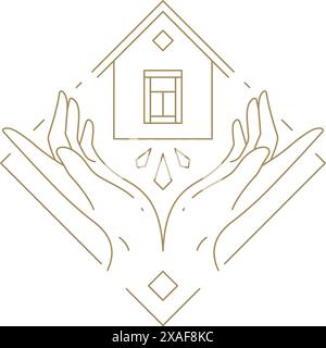 Mains humaines tenant minimaliste bijoux de maison gemme géométrique cadre décoratif ligne de conception illustration vectorielle. Armes avec chalet premium Real estat Illustration de Vecteur