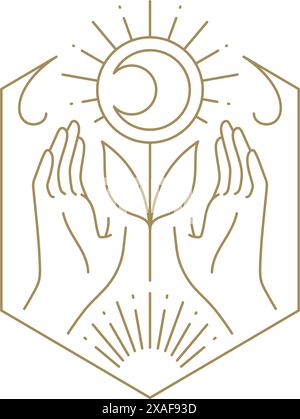 Palmiers humains spirituels abstraits fleur organique soleil lumière demi-lune méditative ligne de conception décorative illustration vectorielle. Occultes médiévales mythiques Illustration de Vecteur