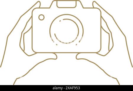 Mains humaines tenant l'objectif d'appareil photo rétro photo photo minimaliste ligne d'or art illustration vectorielle. Armes avec équipement de photographie vintage voyage journa Illustration de Vecteur