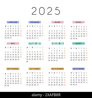 Calendrier français 2025 année. La semaine calendaire carrée de papeterie vectorielle commence lundi. Organisateur annuel. Modèle de calendrier simple dans un design minimal Illustration de Vecteur