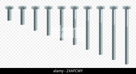 Ensemble de boulons en acier et écrou hexagonal isolé sur fond blanc. icône de boulon et d'écrou en acier inoxydable. Jeu de vis-écrous et boulons isométriques. Réaliste 3d ve Illustration de Vecteur