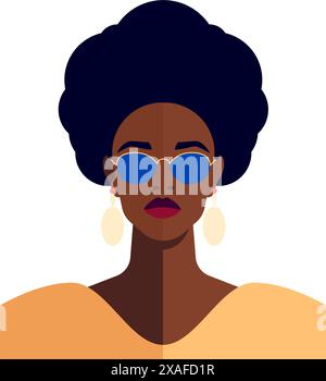 Forte mode afro-américaine femme noire portrait ethnique coiffure avatar vecteur plat illustration. Confiant afro féminin demi-ton pop art minimal Illustration de Vecteur