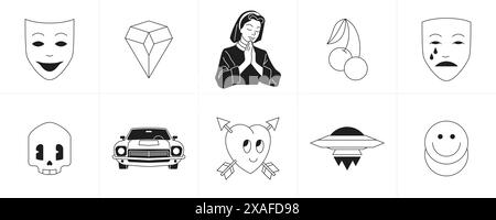 Comique rétro groovy surréaliste personnages de dessin animé monochrome ligne icône set illustration vectorielle. Autocollant de tatouage minimal psychédélique Happy pleurant masque Brill Illustration de Vecteur