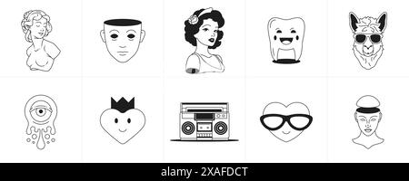 Caractère de dessin animé de symbole groovy rétro et illustration vectorielle de jeu d'icône de ligne monochrome d'élément. Surréaliste tendance tatouage sculpture vintage femme dents la Illustration de Vecteur