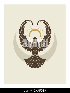 Colombe volante spirituelle ésotérique avec des ailes ouvertes et mystique brillant demi-lune vintage affiche illustration plate. Pigeon magique oiseau céleste sacré Illustration de Vecteur